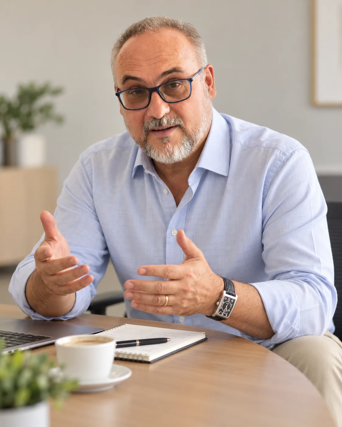 Portret editorial generat al lui Liviu Stancu, într-un cadru de conversație la birou.